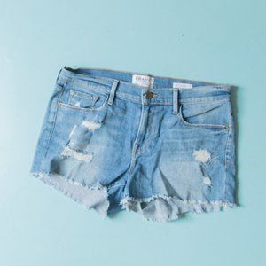 Frame Le Cutoff Medium Wash Distressed Ripped Raw Hem Mid Rise Jean Shorts Sz 28